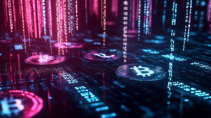 A futuristic representation of digital currency, with glowing coins or symbols floating in a matrix-like background of binary code, symbolizing the concept of cryptocurrency in the digital age.