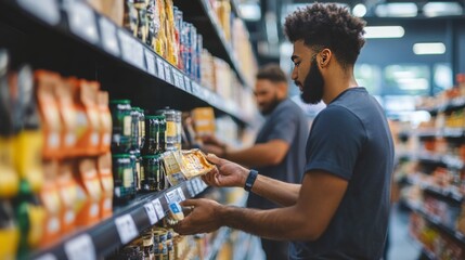Two men shopping for groceries in a supermarket.