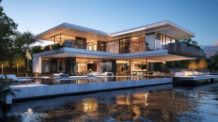 Obraz premium 3d rendering of modern house by the river at morning, house, luxury, villa, modern, architecture, building, exterior, residential, property, designer