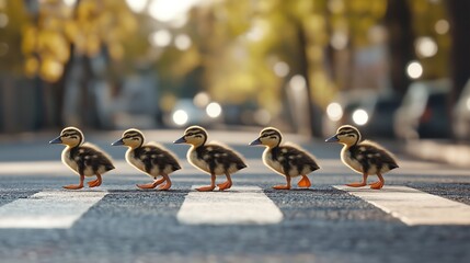 Four ducklings walking in a line across a pedestrian crosswalk, with the road markings clearly visible.