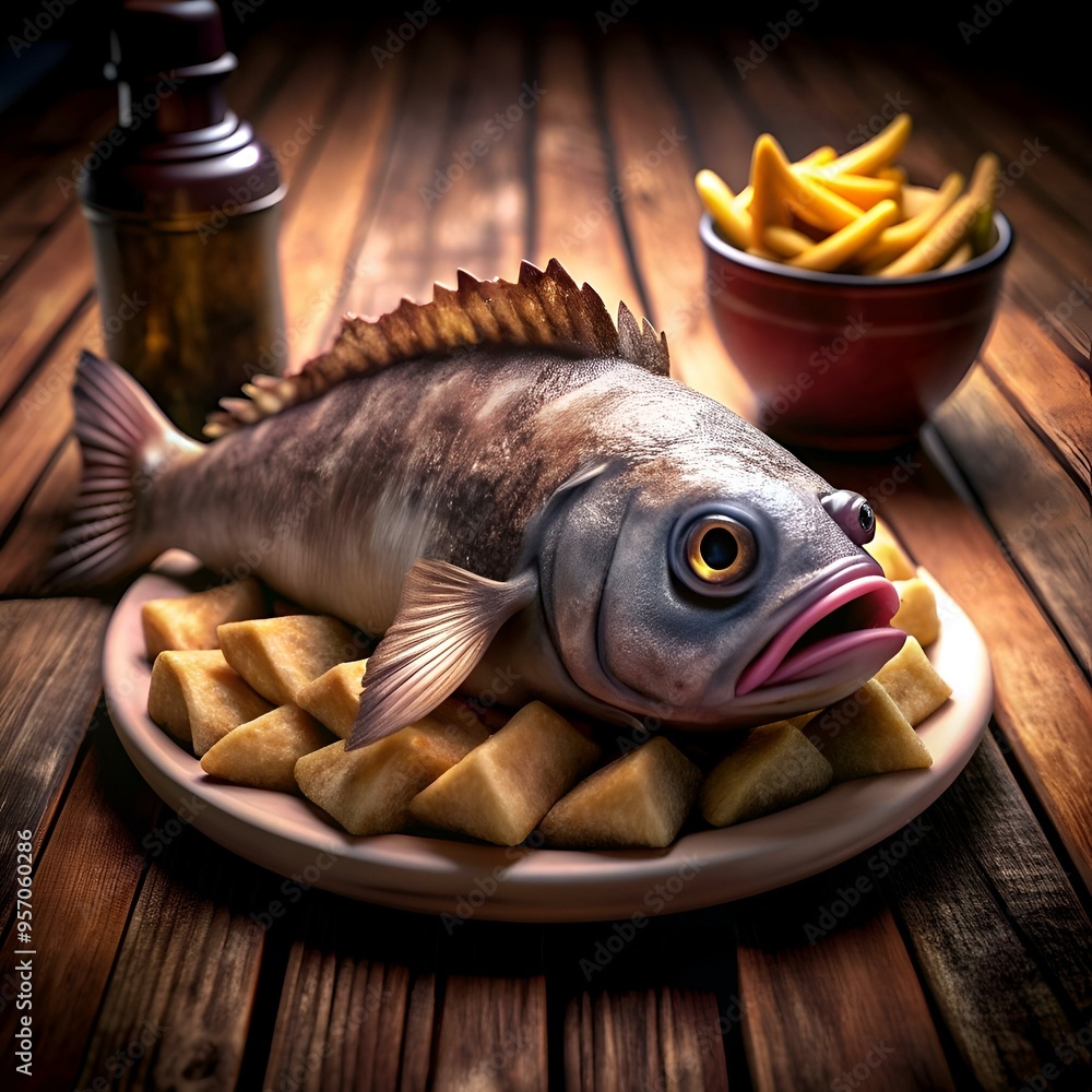 Poster a humorous 3d illustration of a fish and chips. perfect for adding a touch of lightheartedness to yo