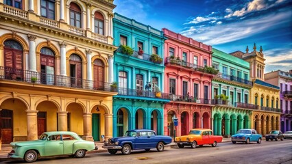 Naklejka premium Vibrant colonial architecture, vintage American cars, and lively street performers create a kaleidoscope of color and energy in Havana's bustling streets, Cuba's iconic capital city.
