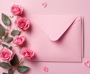 pink roses and envelope with