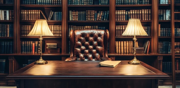 The classic library desk with a leather chair, bookshelves filled with law books, and vintage lamps in the background Generative AI