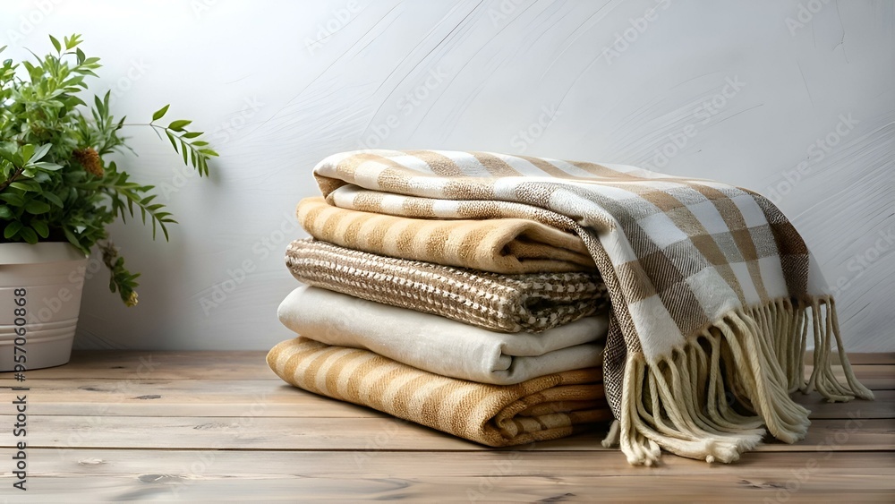 Poster a cozy stack of blankets in various textures and patterns. perfect for a chilly evening.