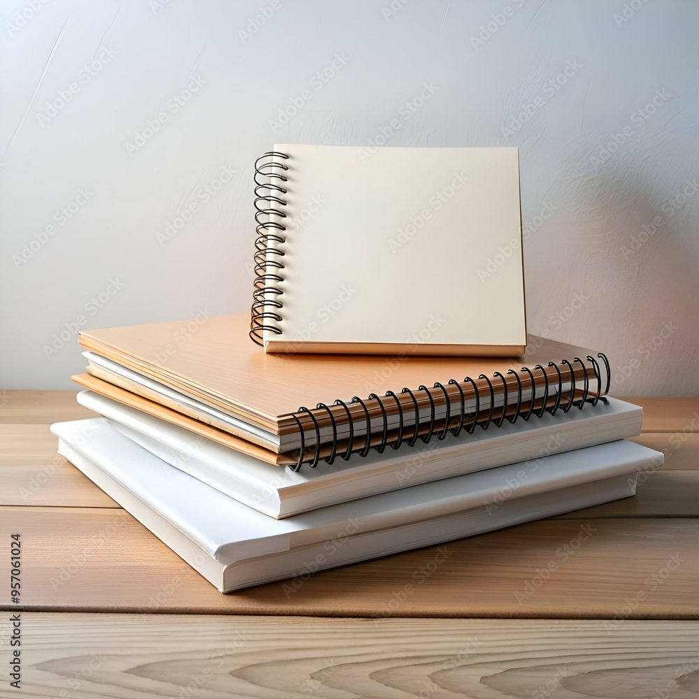 Poster a stack of notebooks on a wooden table with the top one open and blank. ready for your ideas.