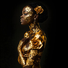 Obraz premium head & half body of beautiful woman covered in golden, metallic paint; black background & copy space; concept of feminism, girl power, success, winner, beauty, confidence, femininity