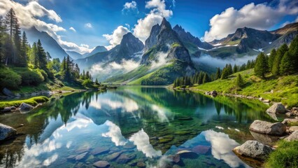 Fototapeta premium Majestic mountain lake reflects serene alpine landscape with lush greenery, rugged rocks, and misty fog, inviting exploration along winding trails beneath a brilliant blue sky.