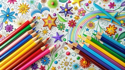 Naklejka premium Vibrant colored pencils scattered surrounded by whimsical hand-drawn doodles of flowers, stars, and abstract shapes on a white background, inspiring imagination and creativity.