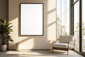 Poster Frame in Beige minimalist living room interior created with generative AI