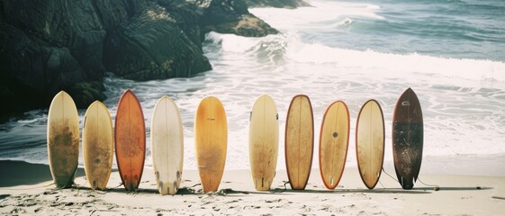 A lineup of diverse surfboards on the sandy shore, with a rugged coastline and crashing waves in the background.