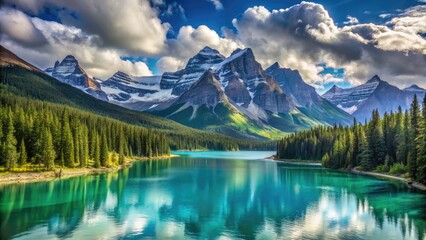 Fototapeta premium Majestic snow-capped mountains rise above serene turquoise lake, surrounded by lush green forest, under a vast blue sky with scattered white clouds.