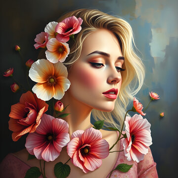 Una chica rubia rodeada de lindas flores rosas