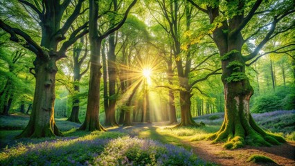 Fototapeta premium Majestic sunlight filters through a verdant canopy of ancient trees, illuminating a serene forest floor carpeted with rustling leaves and wildflowers in shades of emerald green.