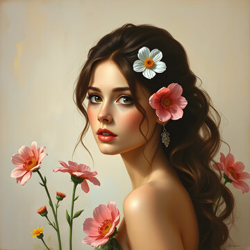 Una linda chica con el pelo muy largo y preciosas flores en dos tonos