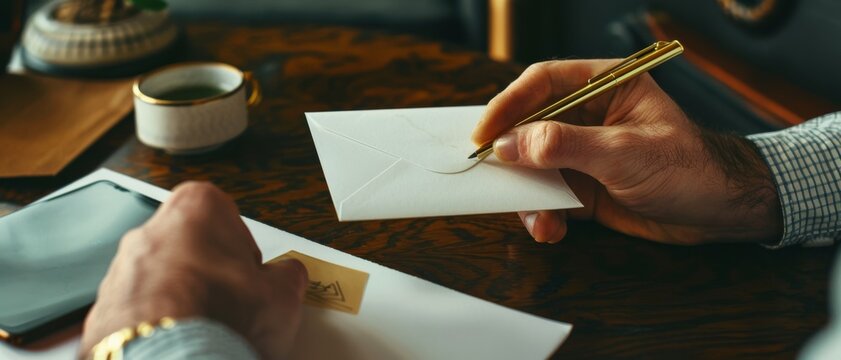 A hand writing on an envelope with a gold pen, exuding an aura of elegance and meticulousness in the intimate act of letter-writing.