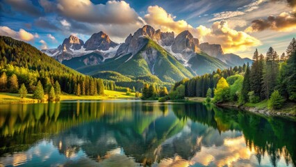 Obraz premium Majestic sunlit mountain peaks rise above serene alpine lake, surrounded by lush green forests and rolling hills, under a bright blue sky with puffy white clouds.