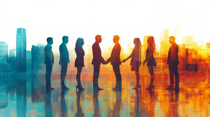 A group of people are standing in a line and shaking hands