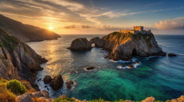 Wallpaper, medieval castle on rocky island