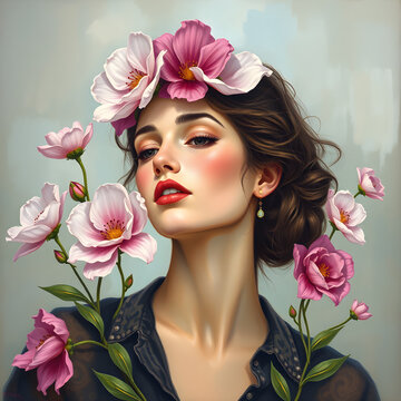 Una dama encantadora con bellas flores en dos tonos en la cabeza
