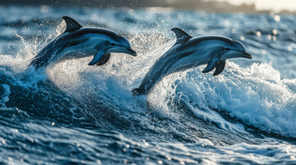 Fototapeta premium Two Dolphins Leaping Through a Wave in the Ocean