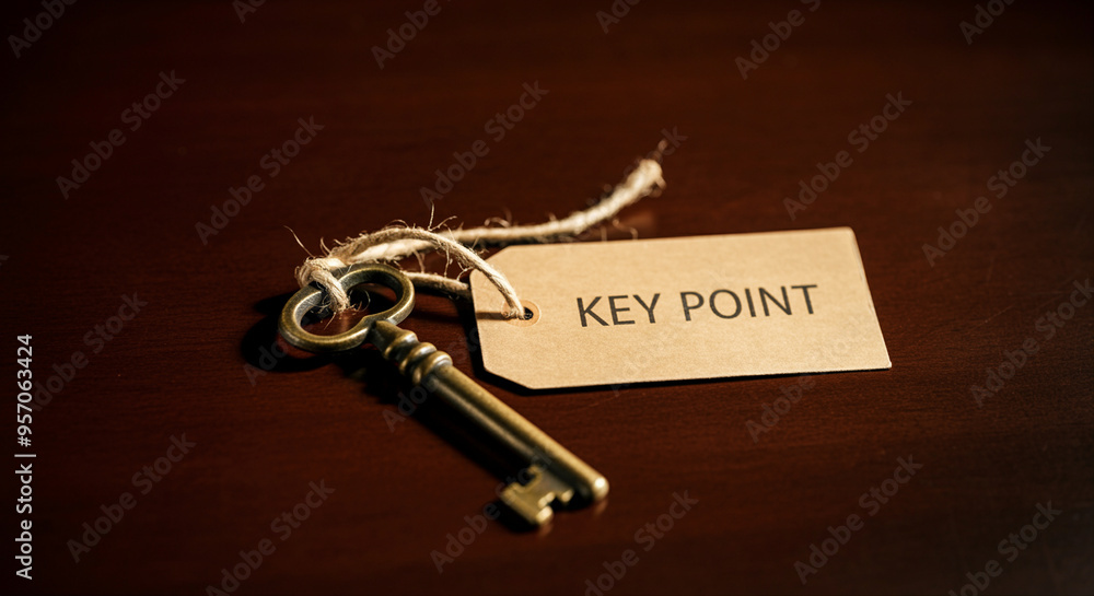 Poster key placed on table with key point label representing business strategy concepts for effective decis