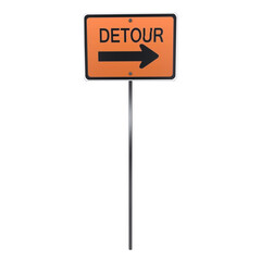 3D rendering of a detour sign pointing right on a simple base