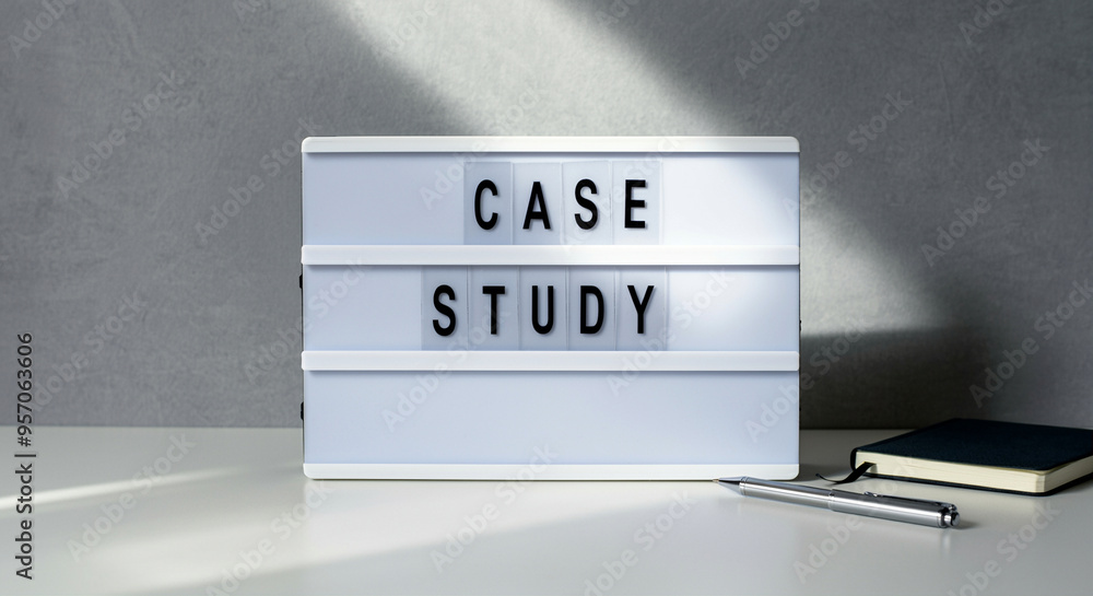 Poster light box with case study text illuminated on modern desk with business sign and pen