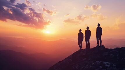 Silhouette of team stand and feel happy on the most hight at the mountain on sunset, success, leader, teamwork, target, Aim, confident, achievement, goal, on plan, finish, generate by AI.