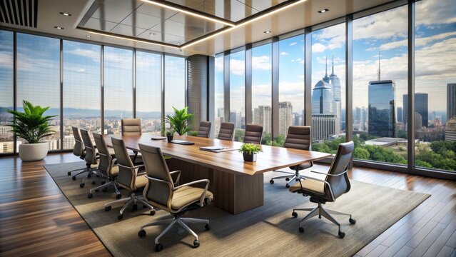 Modern conference room with sleek furniture and advanced technology, surrounded by floor-to-ceiling windows, perfect for professional development and training sessions.