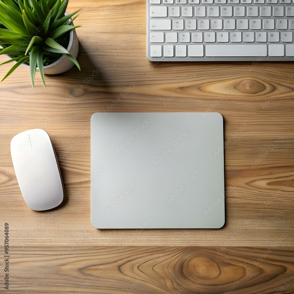 Poster top view of a modern workspace featuring a wireless mouse. a keyboard. a mousepad. and a potted plan