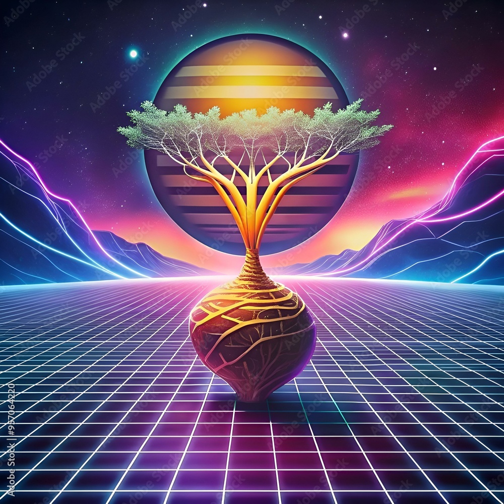 Poster a vibrant 3d illustration of a futuristic tree in a retro 80s landscape. perfect for adding a touch 