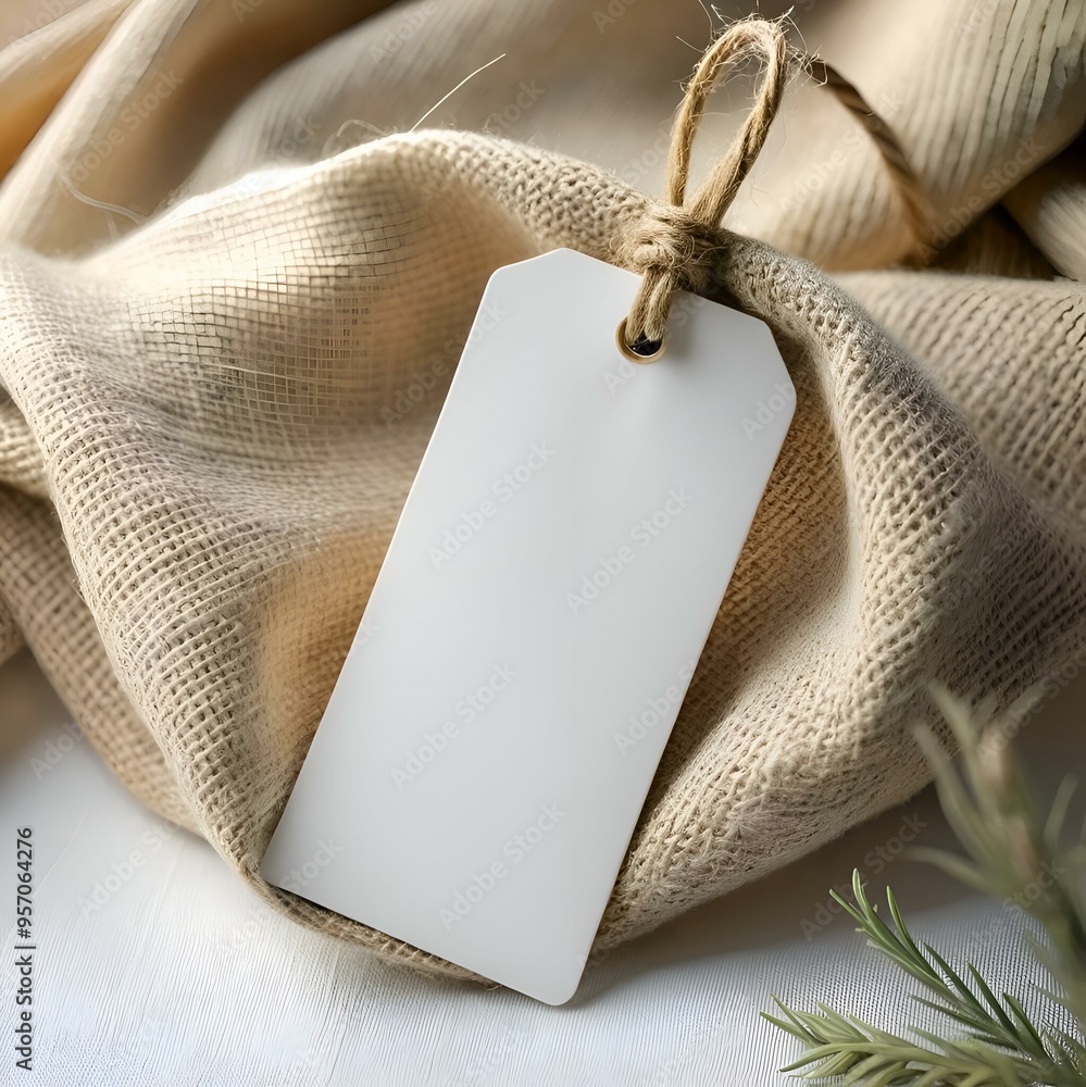 Poster a simple yet elegant white tag with a twine string. resting on a rustic burlap fabric.