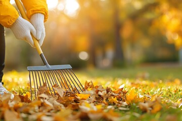 An autumn rake is used to remove fallen leaves from a lawn in an autumn park, a volunteer concept, seasonal gardening. Yard cleaning.