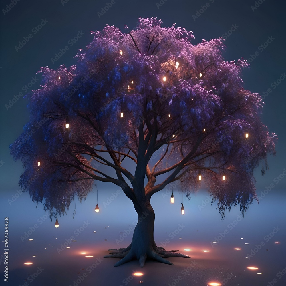 Poster a mystical. 3d rendered tree adorned with glowing lights stands alone against a misty. twilight sky.