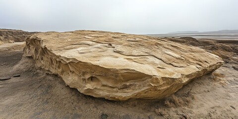 Large sandstone boulder rests on sandy ground.