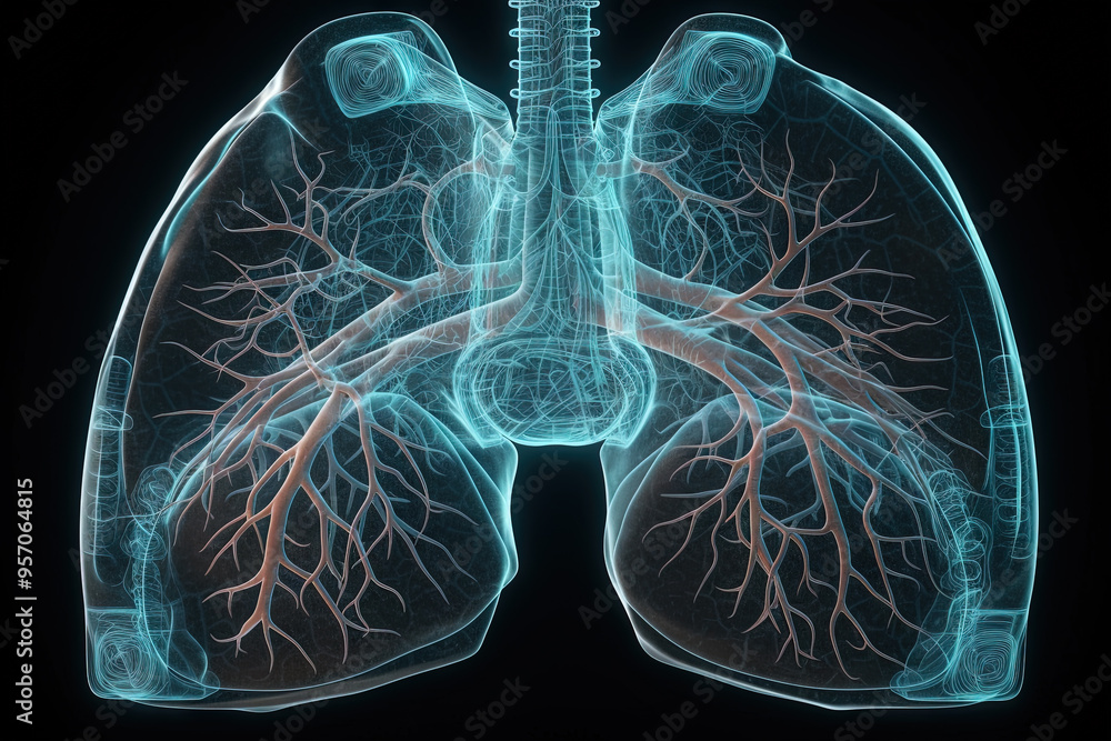 Poster artificial implant science concept with technological ai lungs on the circuit board.