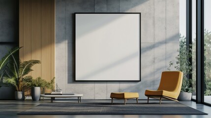 Fototapeta premium Modern Living Room Mockup: A sleek and stylish living room with a large blank canvas, perfect for showcasing your artwork, designs, or brand. The spacious room features a comfortable armchair