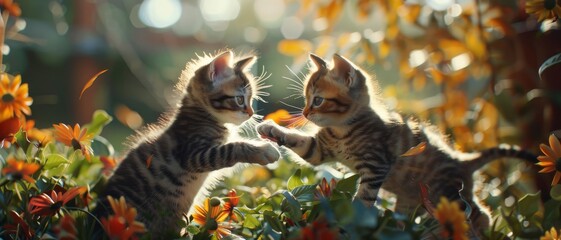 Obraz premium Two playful kittens interact in a sun-drenched garden, surrounded by vibrant flowers, capturing the essence of youthful joy and innocence.
