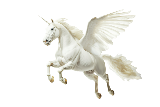 Elegant white Pegasus unicorn with majestic wings, isolated on PNG cutout transparent background.