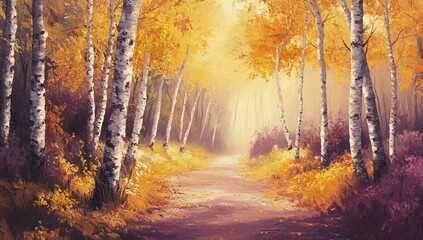 Obraz premium Landscape with birch grove in autumn digital oil painting printable wall art