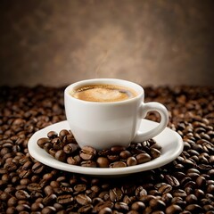 Delicious coffee beans in a white cup on a grey scarf