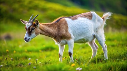 A small, agile goat with a slender build and striking white and brown markings grazes peacefully on a lush meadow's vibrant green grass.