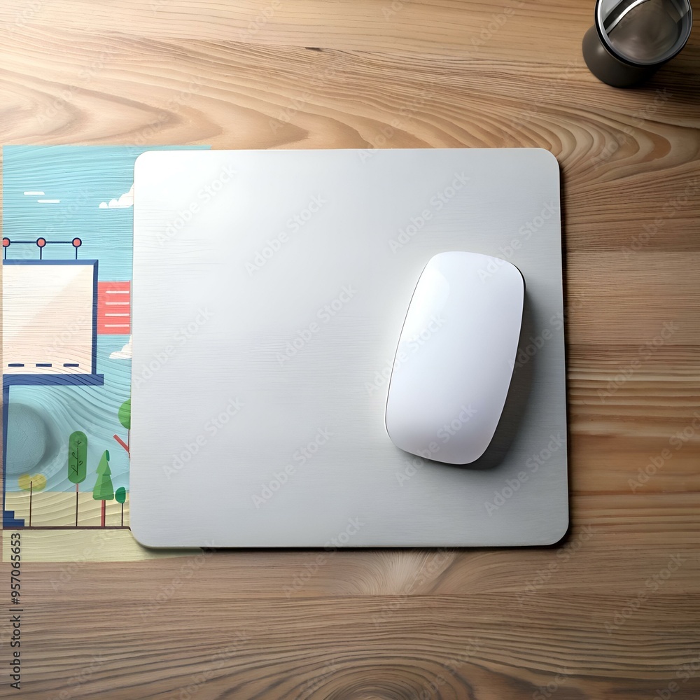 Poster a minimalist and clean desktop workspace featuring a white wireless mouse resting on a sleek gray mo