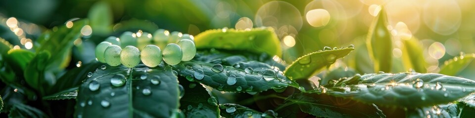 Closeup view of lush green leaves with sparkling water drops in the morning sunlight  The image captures the fresh vibrant and peaceful essence of nature