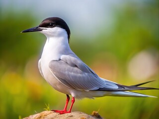 Fototapeta premium A small, slender tern with a black cap, a white forehead, and a long, pointed tail.