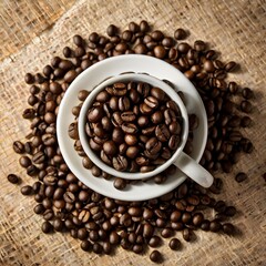 Delicious coffee beans in a white cup on a grey scarf