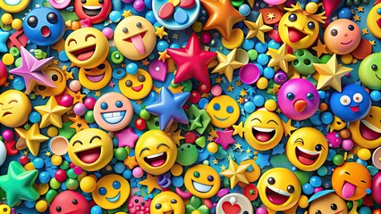 Vibrant, colorful icons featuring smiling emojis, stars, and confetti, arranged in a playful collage, conveying excitement and joy, perfect for educational or entertainment content.