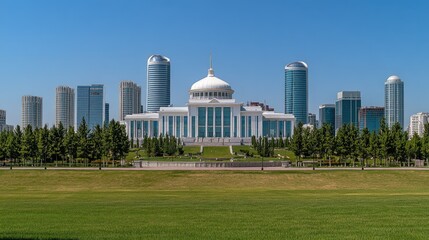 Obraz premium Landscape view of the White House of Government Akorda in Astana, Kazakhstan, with the city skyline in the background, photographed on a clear day in