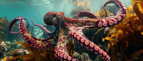 Fototapeta premium An octopus swimming gracefully among colorful underwater flora, showcasing marine life in its vibrant habitat.